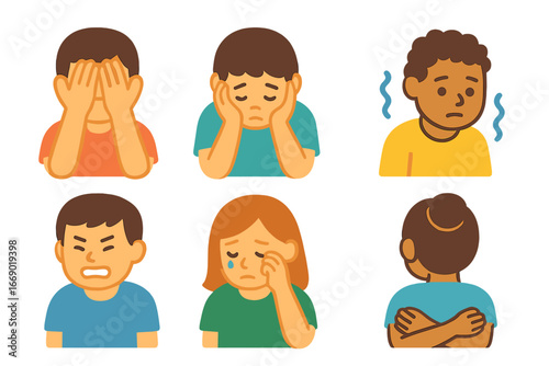 Children's Despair Icons. Flat vector mini-illustrations despair gestures in colors children's illustrations: hands covering face,