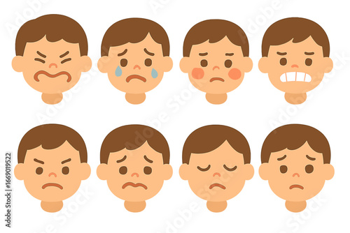 Children's Emotional Icons. Flat vector mini-illustrations hurt facial expressions in colors children's illustrations: grimace,