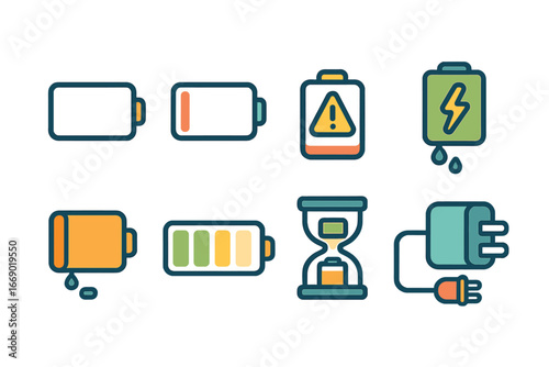 Children's Energy Icons. Flat vector mini-illustrations drain in colors children's illustrations: empty battery, low battery icon,