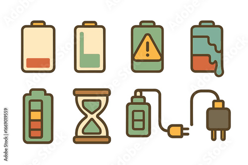 Children's Energy Icons. Flat vector mini-illustrations drain in colors children's illustrations: empty battery, low battery icon,