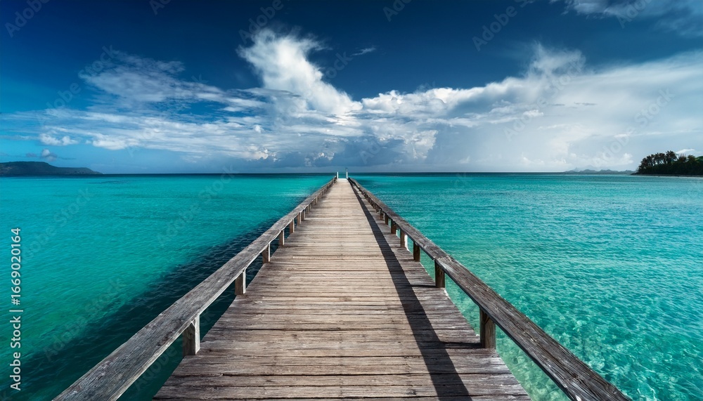 Fototapeta premium serene coastal scene with long wooden jetty extending into turquoise waters dramatic sky above