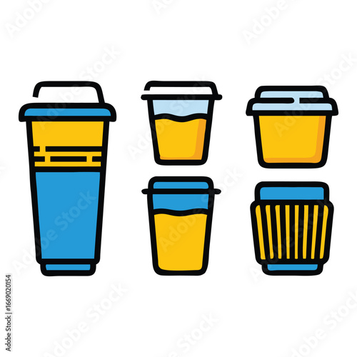 Colorful collection of five disposable coffee cups with lids and sleeves representing takeaway beverage icons for cafes