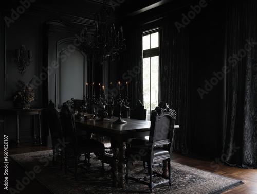 A dark, opulent dining room...