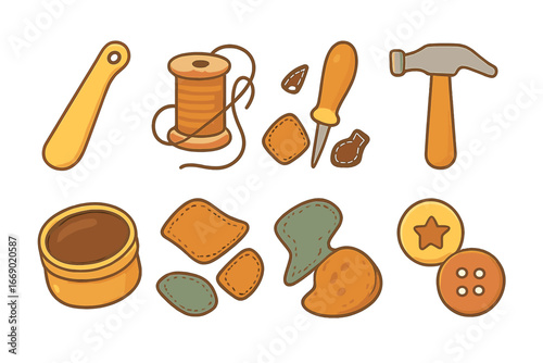 Children's Footwear Tools. Flat vector mini-illustrations footwear tools in colors children's illustrations: shoehorn, needle and
