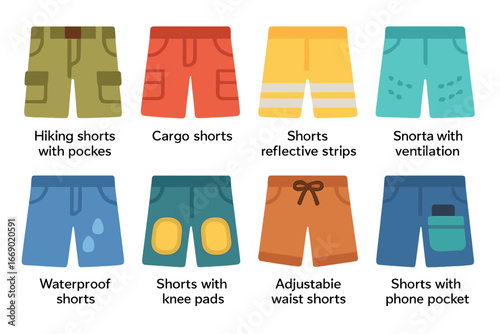 Children's Functional Shorts Icons. Flat vector mini-illustrations functional shorts in colors children's illustrations: hiking