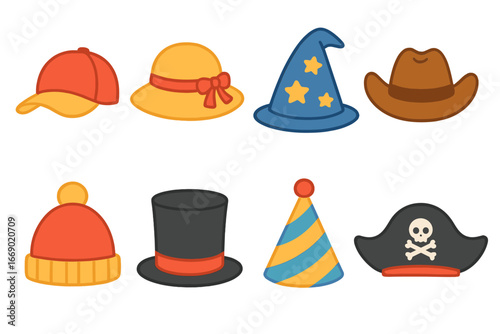 Children's Hat Icons. Flat vector mini-illustrations hat in colors children's illustrations: baseball cap, sun hat, wizard hat,