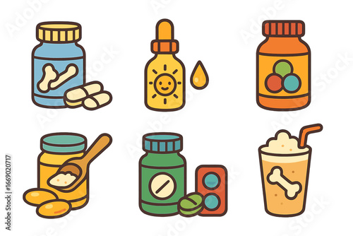 Children's Health Supplements. Flat vector mini-illustrations bone health supplements in colors children's illustrations: calcium