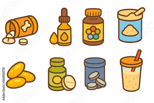 Children's Health Supplements. Flat vector mini-illustrations bone health supplements in colors children's illustrations: calcium