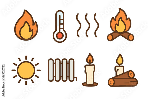 Children's Heat Icons. Flat vector mini-illustrations heat energy in colors children's illustrations: flame, thermometer, steam,