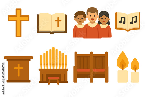Children's Hymn Icons. Flat vector mini-illustrations Christian hymn in colors children's illustrations: cross, Bible, choir robes