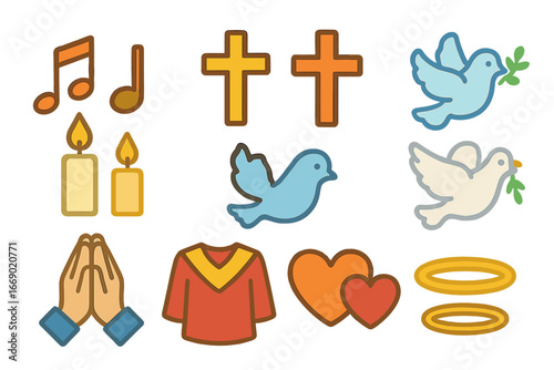 Children's Hymn Symbols. Flat vector mini-illustrations hymn symbols in colors children's illustrations: musical notes, crosses,