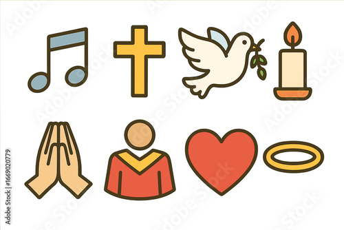 Children's Hymn Symbols. Flat vector mini-illustrations hymn symbols in colors children's illustrations: musical notes, crosses,