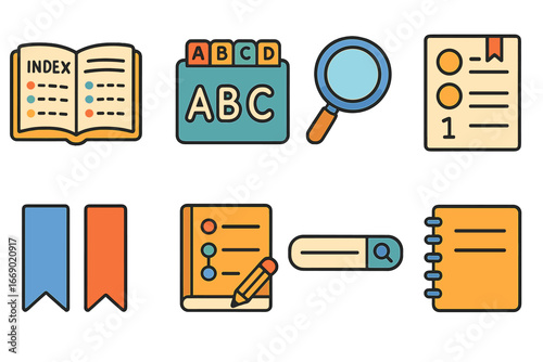 Children's Learning Icons. Flat vector mini-illustrations index in colors children's illustrations: open book with index,