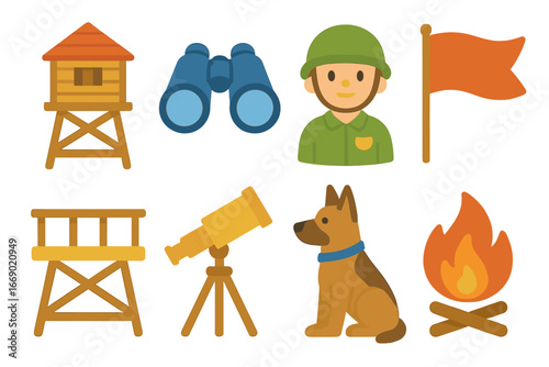 Children's Lookout Icons. Flat vector mini-illustrations lookout in colors children's illustrations: watchtower, binoculars, guard