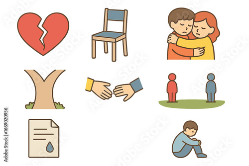 Children's Loss Icons. Flat vector mini-illustrations loss in relationships in colors children's illustrations: broken heart,