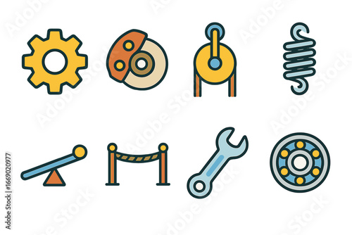 Children's Mechanics Icons. Flat vector mini-illustrations mechanical resistance in colors children's illustrations: gear teeth,
