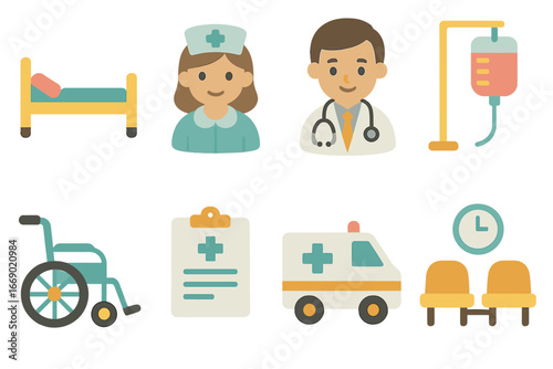 Children's Medical Icons. Flat vector mini-illustrations hospital and illness in colors children's illustrations: hospital bed,