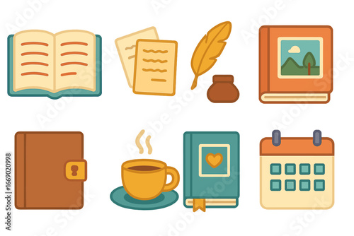 Children's Memoir Icons. Flat vector mini-illustrations memoir in colors children's illustrations: open journal, handwritten