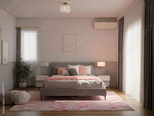 A modern bedroom with a sof...