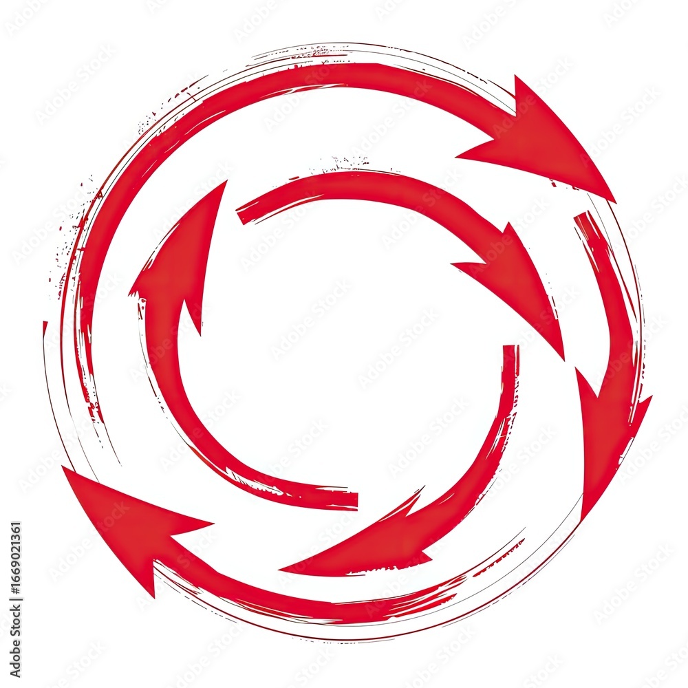 Fototapeta premium Circular design featuring five red arrows, in a swirling, grunge style, suggesting continuous movement or a cyclical process. The arrows are thick and roughly painted