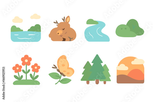Children's Nature Icons. Flat vector mini-illustrations peaceful nature in colors children's illustrations: calm lake, sleeping