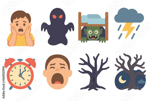 Children's Nightmare Icons. Flat vector mini-illustrations nightmare in colors children's illustrations: scared child, dark shadow