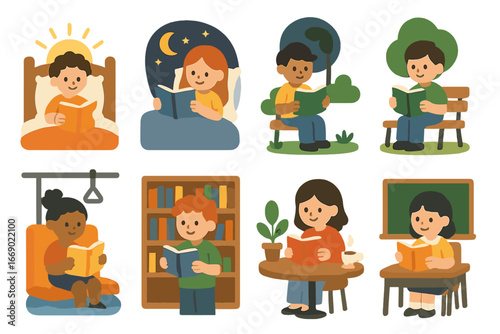 Children's Reading Habits. Flat vector mini-illustrations kindle reading habits in colors children's illustrations: morning