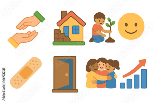 Children's Recovery Icons. Flat vector mini-illustrations tragedy recovery in colors children's illustrations: helping hand,