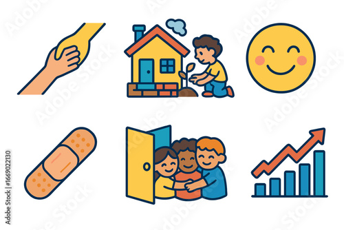 Children's Recovery Icons. Flat vector mini-illustrations tragedy recovery in colors children's illustrations: helping hand,