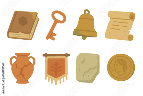 Children's Relics Collection. Flat vector mini-illustrations Old relics in colors children's illustrations: worn-out book, rusty
