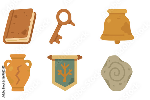 Children's Relics Collection. Flat vector mini-illustrations Old relics in colors children's illustrations: worn-out book, rusty