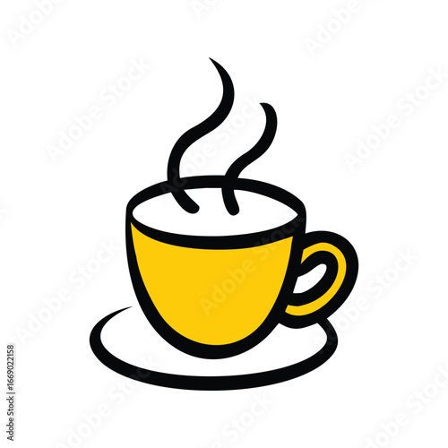 Steaming hot coffee cup with saucer simple doodle art yellow and black on white