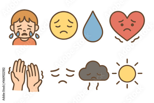 Children's Sadness Icons. Flat vector mini-illustrations broken heart and sadness in colors children's illustrations: crying child
