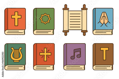 Children's Sacred Text Icons. Flat vector mini-illustrations Sacred texts in colors children's illustrations: Bible, Quran, Torah,