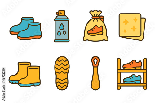 Children's Shoe Protection Icons. Flat vector mini-illustrations shoe protection in colors children's illustrations: galosh covers