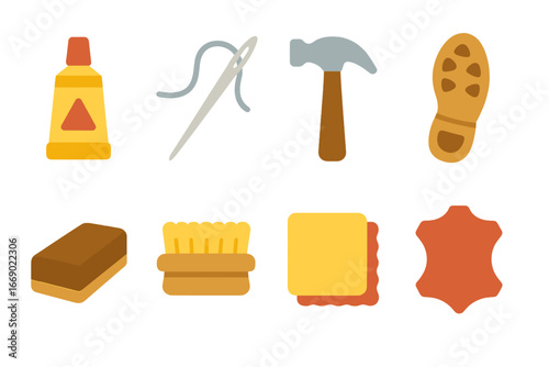 Children's Shoe Repair Icons. Flat vector mini-illustrations shoe repair in colors children's illustrations: glue tube, stitching