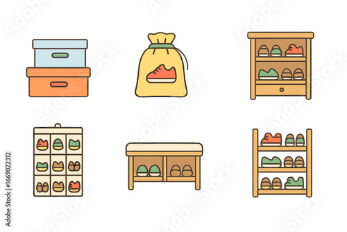 Children's Shoe Storage. Flat vector mini-illustrations shoe storage in colors children's illustrations: shoe boxes, shoe bags,