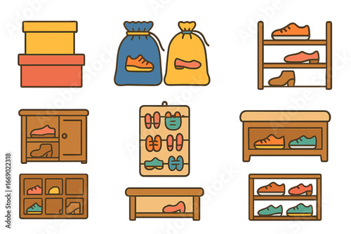 Children's Shoe Storage. Flat vector mini-illustrations shoe storage in colors children's illustrations: shoe boxes, shoe bags,