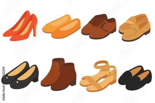 Children's Shoes Icons. Flat vector mini-illustrations elegant footwear in colors children's illustrations: stiletto heels, ballet