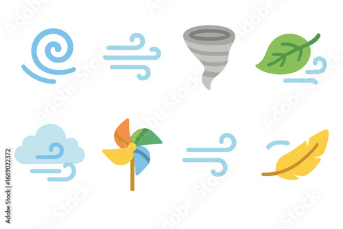 Children's Solar Wind Icons. Flat vector mini-illustrations wind symbols in colors children's illustrations: swirl, gust lines,