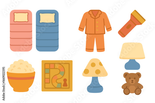 Children's Sleepover Icons. Flat vector mini-illustrations sleepover in colors children's illustrations: sleeping bags, pillows,