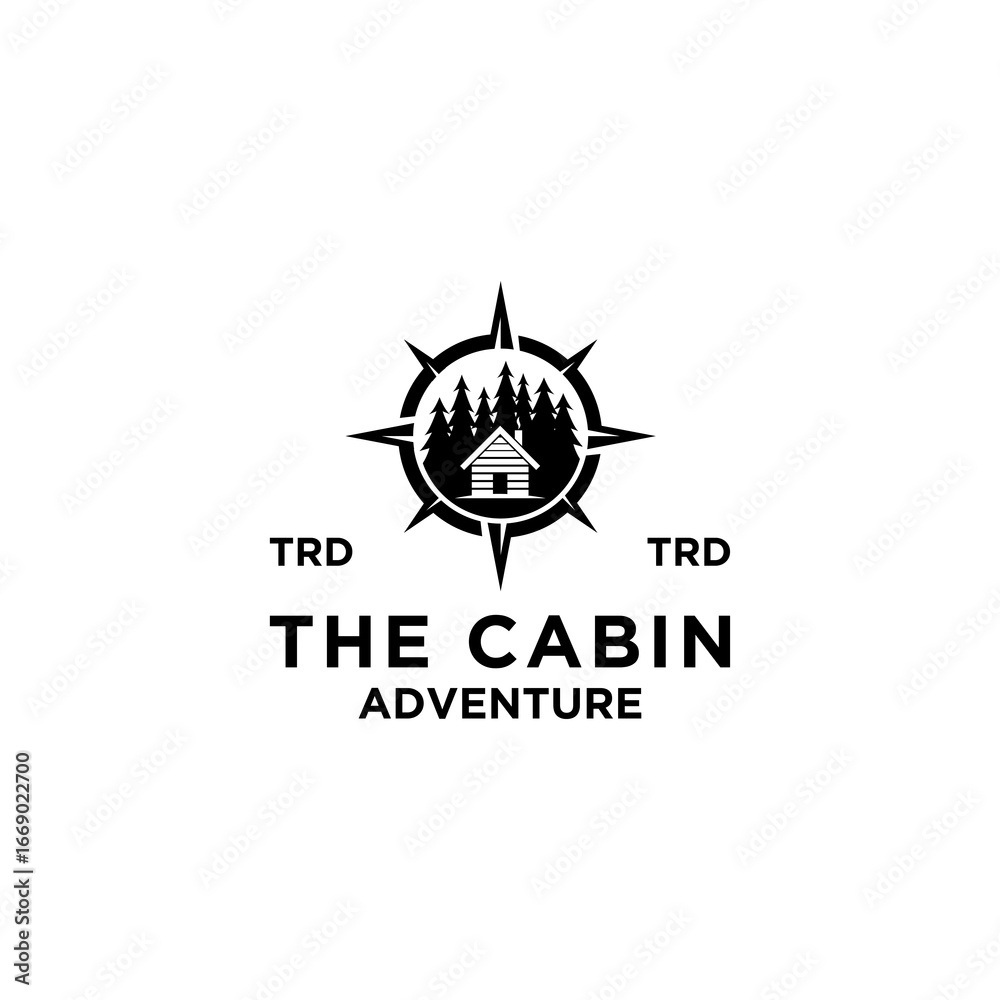 Fototapeta premium premium wooden cabin, pine forest and compass signpost retro vector black logo design