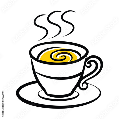 Warm cozy cup of coffee with swirling steam and yellow embellishment on saucer morning beverage breakfast refreshment