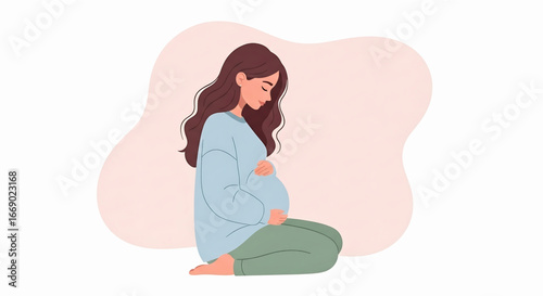Pregnant woman hugging her belly, expectant mother, motherhood, isolated on white background