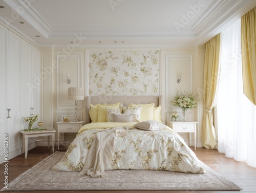 A beautifully decorated bedroom with a floral wallpaper, light beige bedding, and pale yellow accents.