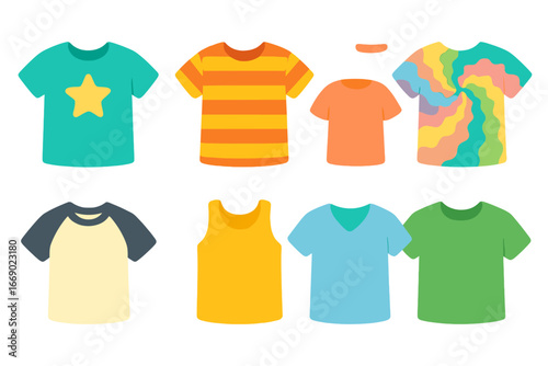 Children's T-Shirt Icons. Flat vector mini-illustrations short sleeve casual wear in colors children's illustrations: graphic