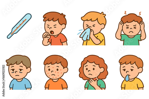 Children's Symptom Icons. Flat vector mini-illustrations disease symptoms in colors children's illustrations: fever thermometer,