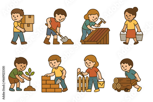 Children's Work Icons. Flat vector mini-illustrations hardship work and effort in colors children's illustrations: lifting boxes,