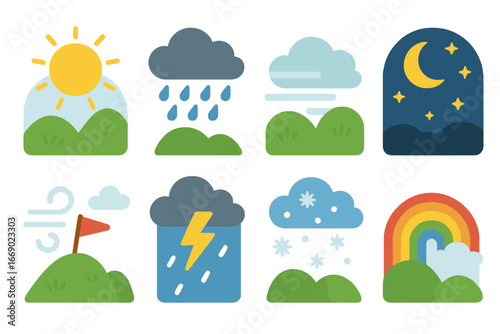Children's Weather Icons. Flat vector mini-illustrations lookout weather in colors children's illustrations: sunny day, rainy