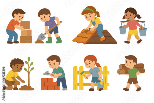 Children's Work Icons. Flat vector mini-illustrations hardship work and effort in colors children's illustrations: lifting boxes,